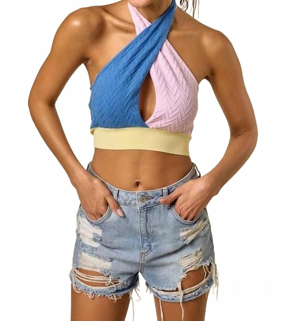 NEW BLUE BLUSH color block halter sweater top in blue-purple-yellow